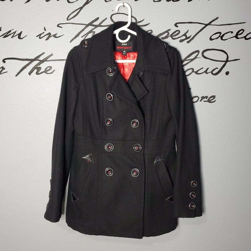 Miss Sixty Black Wool Double Breasted Pea Coat, M